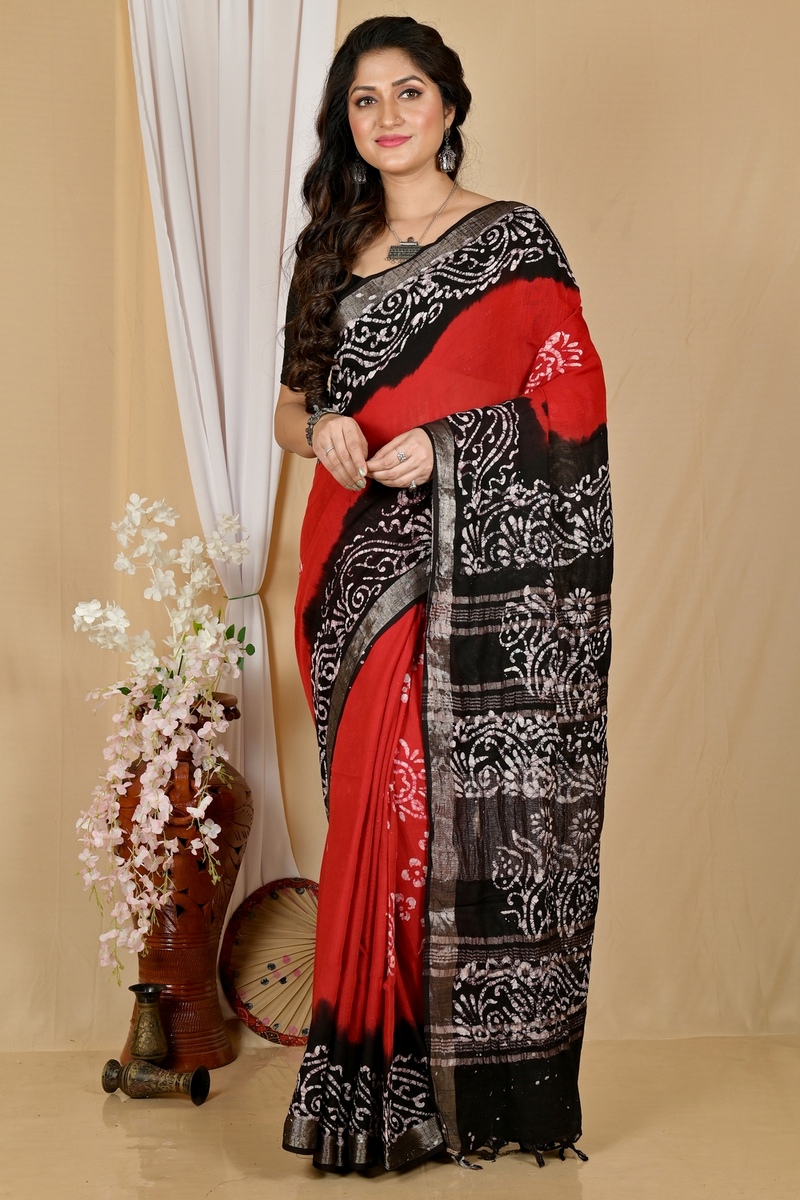 Red Black Pure Cotton Batikato Batik Print Saree (1768)