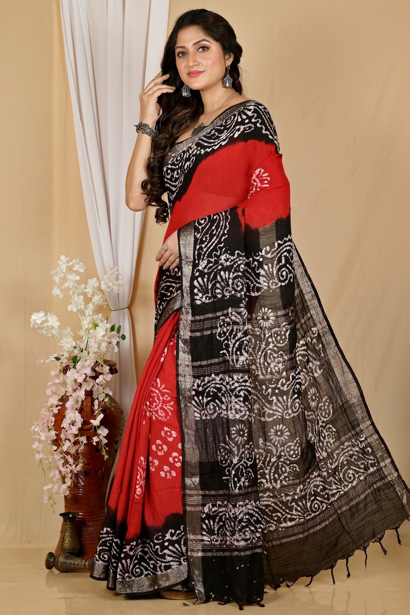 Red Black Pure Cotton Batikato Batik Print Saree (1768)