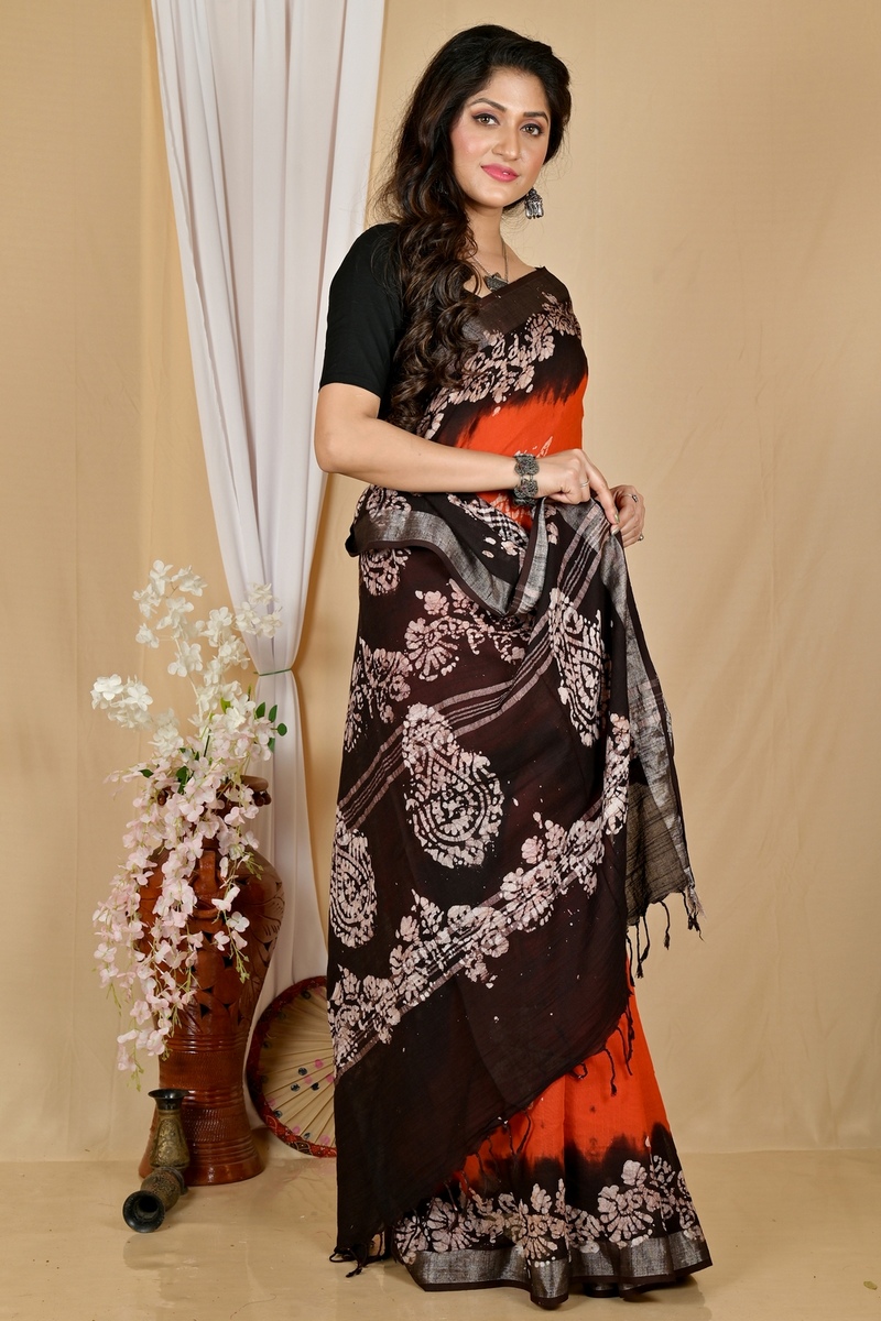 Orange Black Pure Cotton Batikato Batik Print Saree (1769)