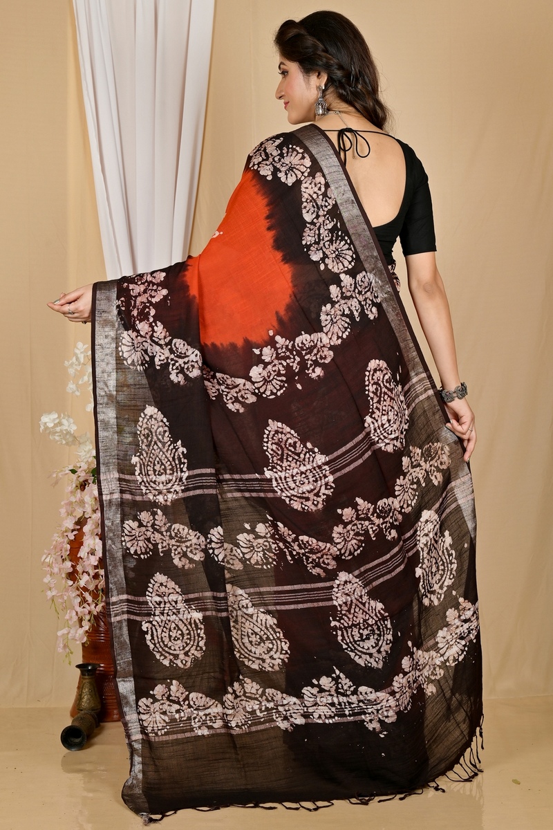 Orange Black Pure Cotton Batikato Batik Print Saree (1769)