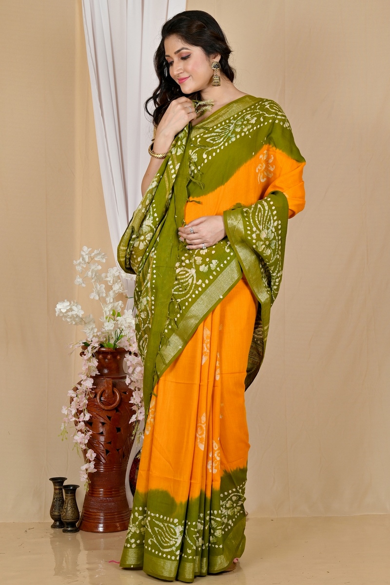 Yellow Green Pure Cotton Batikato Batik Print Saree (1770)