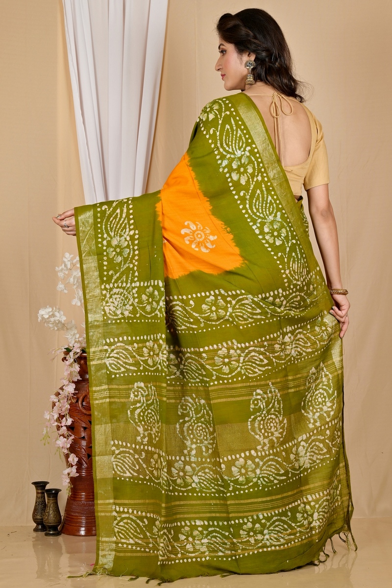 Yellow Green Pure Cotton Batikato Batik Print Saree (1770)
