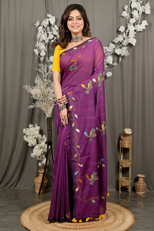 Orchid Purple Pure Cotton Pakhi Kantha Stitch Saree (1877)