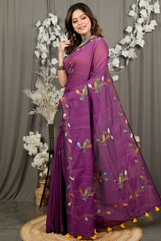 Orchid Purple Pure Cotton Pakhi Kantha Stitch Saree (1877)