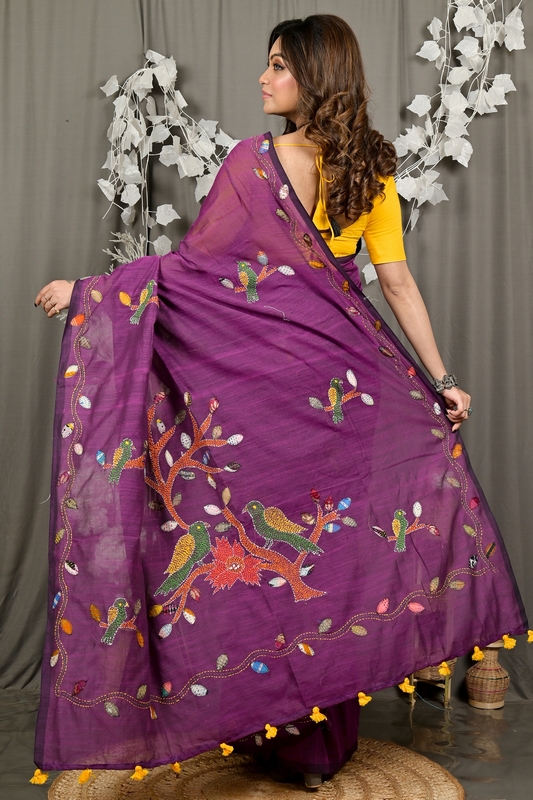 Orchid Purple Pure Cotton Pakhi Kantha Stitch Saree (1877)