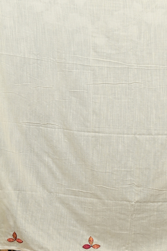 Off-White Pure Cotton Pakhi Kantha Stitch Saree (1878)