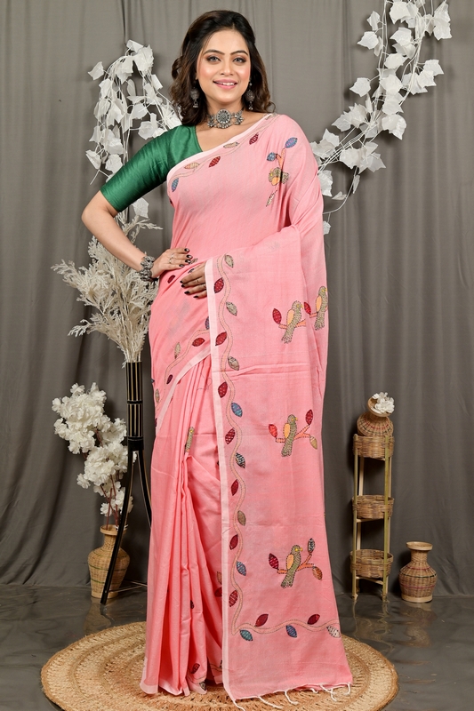 Baby Pink Pure Cotton Pakhi Kantha Stitch Saree (1879)