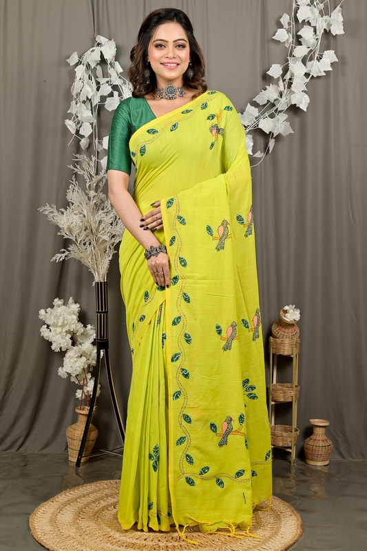 Lime Green Pure Cotton Pakhi Kantha Stitch Saree (1880)