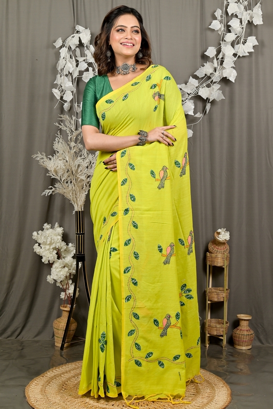 Lime Green Pure Cotton Pakhi Kantha Stitch Saree (1880)