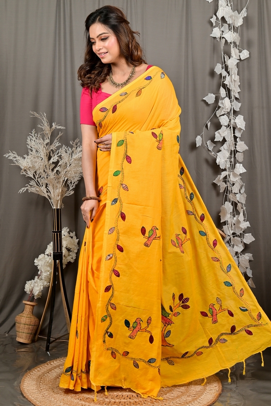 Yellow Pure Cotton Pakhi Kantha Stitch Saree (1881)