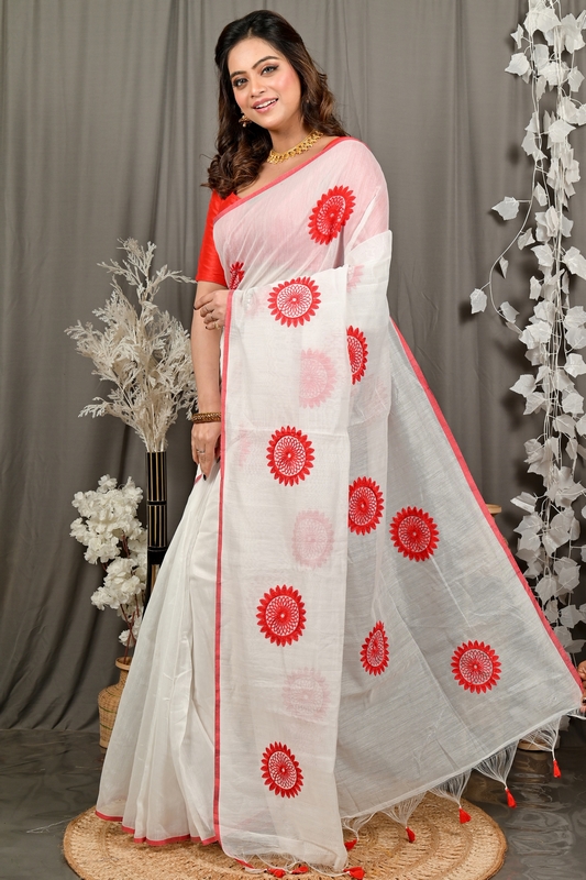 White Red Cotton Blend Variti embhand Embroidery Handloom saree (1882)