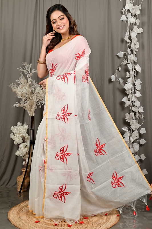 White Red Cotton Blend Variti embhand Embroidery Handloom saree (1883)