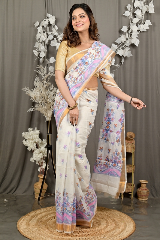 White Red Cotton Blend Variti pritat Tant Saree Print (1884)