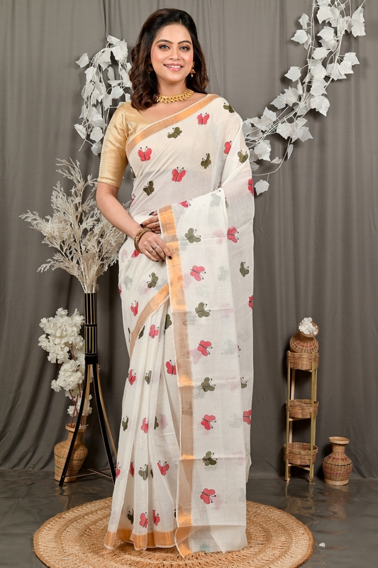White Cotton Blend Variti pritat Tant Saree Print (1885)