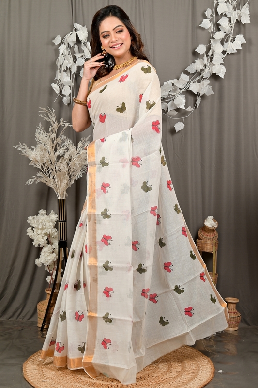 White Cotton Blend Variti pritat Tant Saree Print (1885)