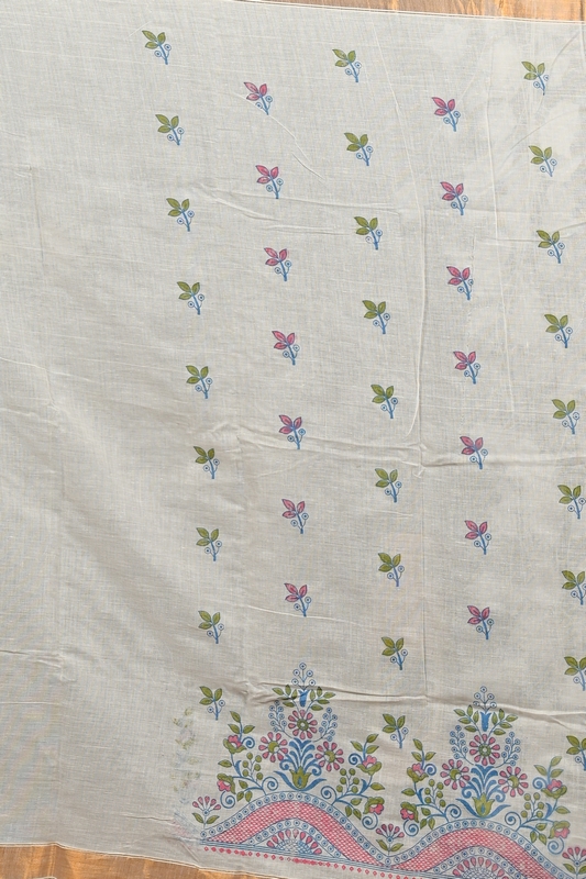 White Cotton Blend Variti pritat Tant Saree Print (1886)
