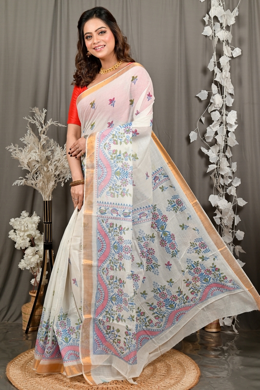 White Cotton Blend Variti pritat Tant Saree Print (1886)