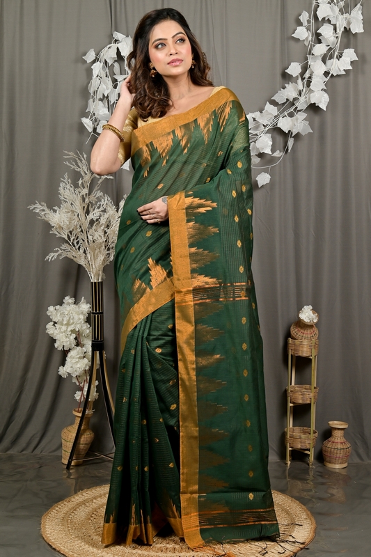 Dark Green Cotton Blend Daypi Hand Loom Saree (1896)