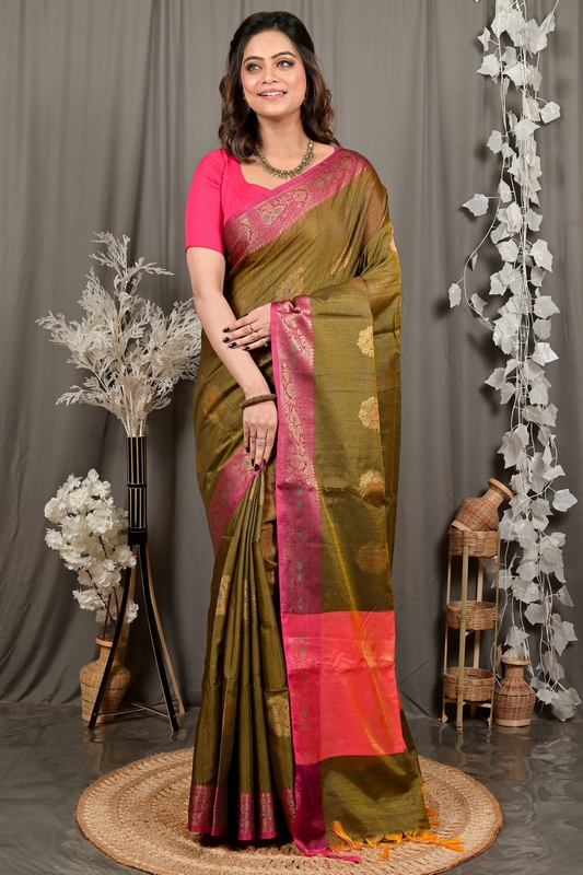 Mehndi Green Pink Cotton Blend Daymin Hand Loom Saree (1897)