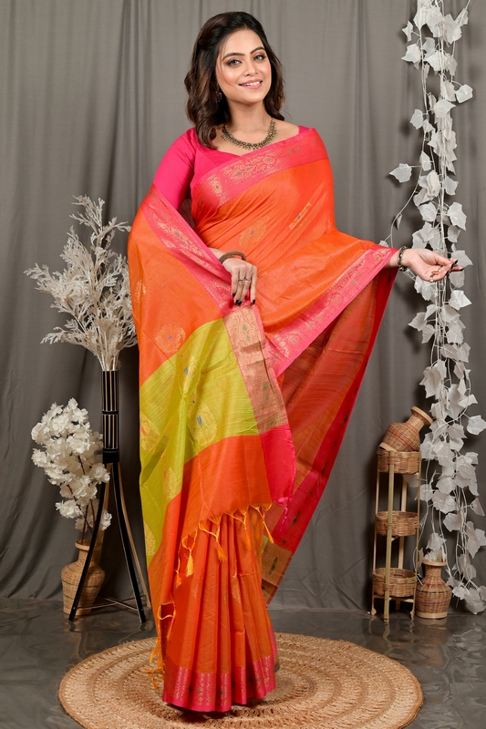 Orange Green Cotton Blend Daymin Hand Loom Saree (1898)