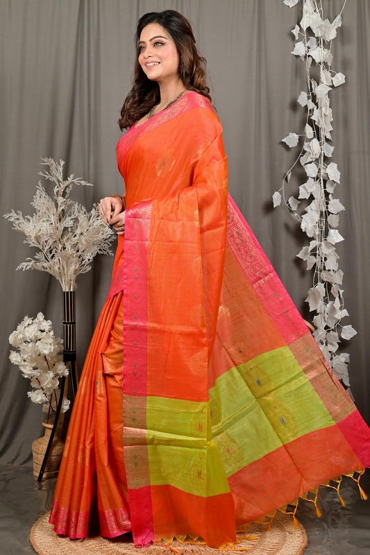 Orange Green Cotton Blend Daymin Hand Loom Saree (1898)
