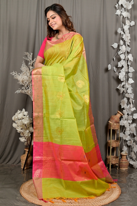 Pesta Green Pink Cotton Blend Daymin Hand Loom Saree (1899)