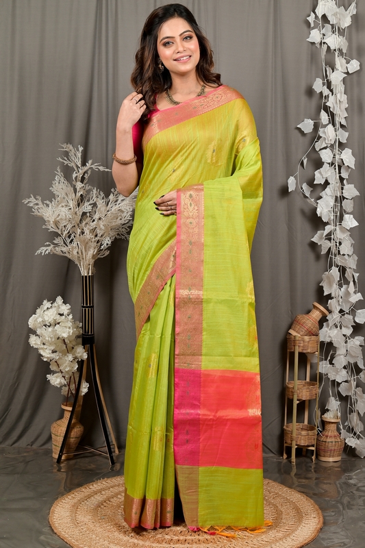 Pesta Green Pink Cotton Blend Daymin Hand Loom Saree (1899)
