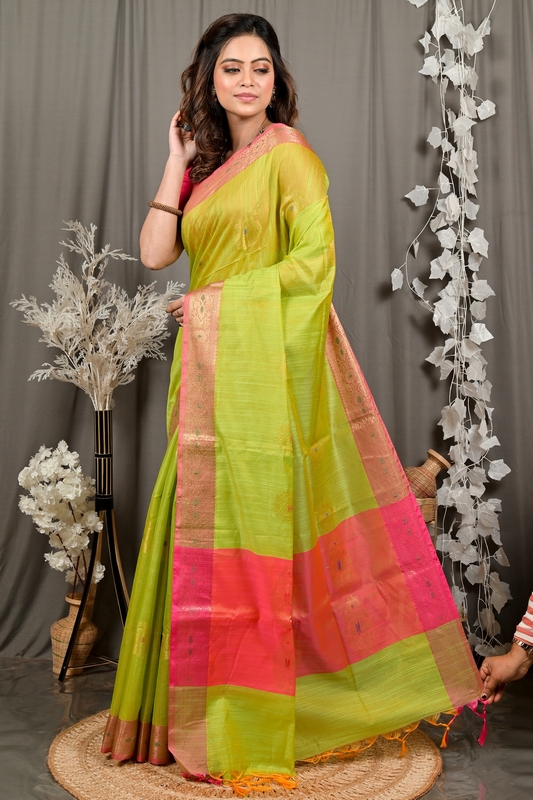 Pesta Green Pink Cotton Blend Daymin Hand Loom Saree (1899)