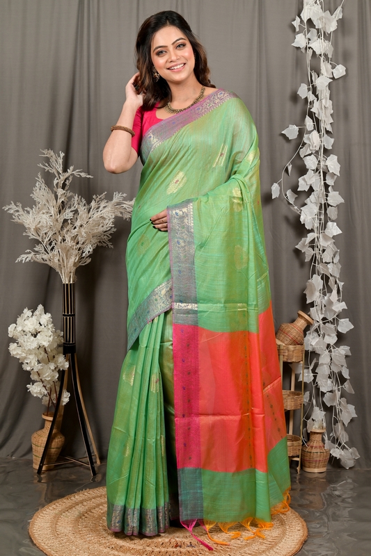 Green Pink Cotton Blend Daymin Hand Loom Saree (1900)