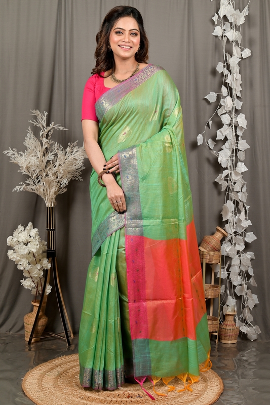 Green Pink Cotton Blend Daymin Hand Loom Saree (1900)
