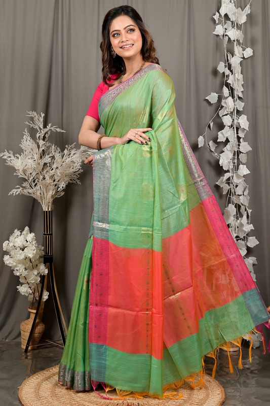 Green Pink Cotton Blend Daymin Hand Loom Saree (1900)