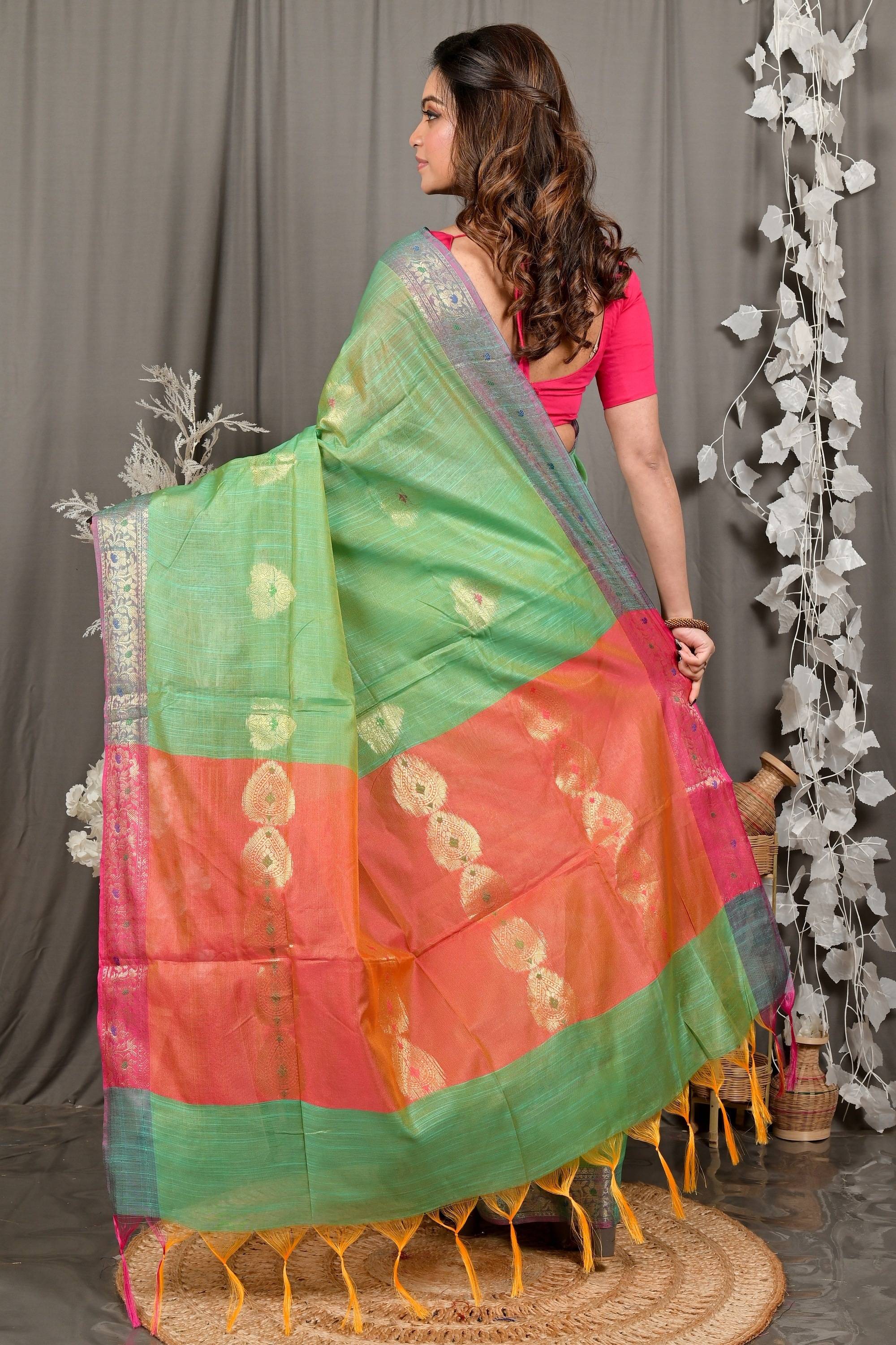Green Pink Cotton Blend Daymin Hand Loom Saree (1900)