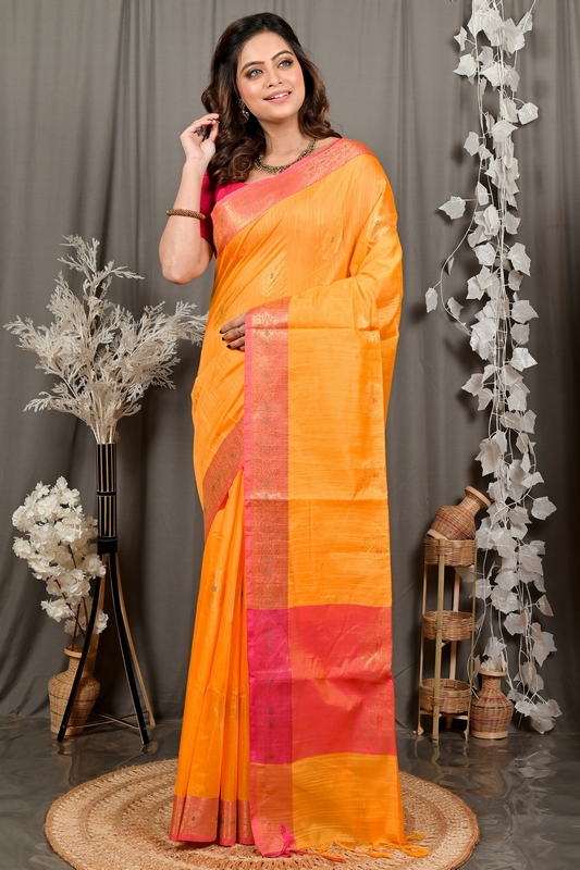 Yellow Pink Cotton Blend Daymin Hand Loom Saree (1901)
