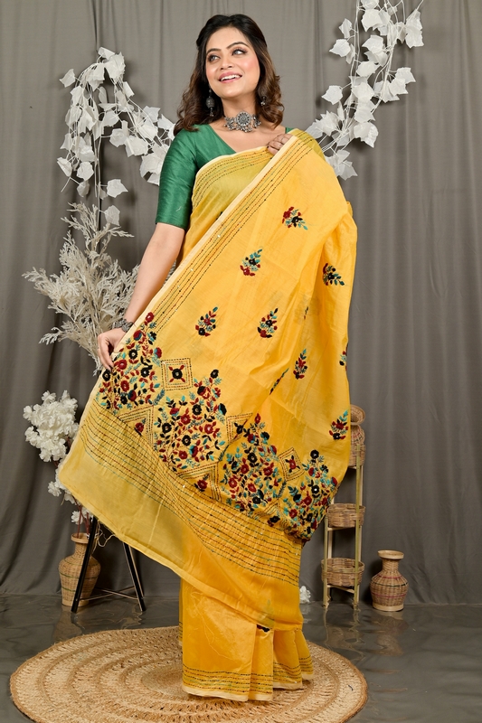 Yellow Cotton Blend Dayki Kantha Stitch Saree (1903)