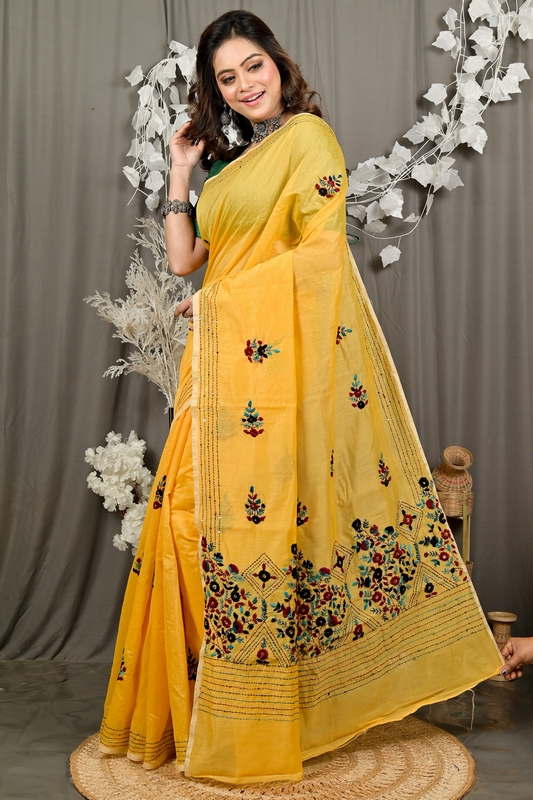Yellow Cotton Blend Dayki Kantha Stitch Saree (1903)