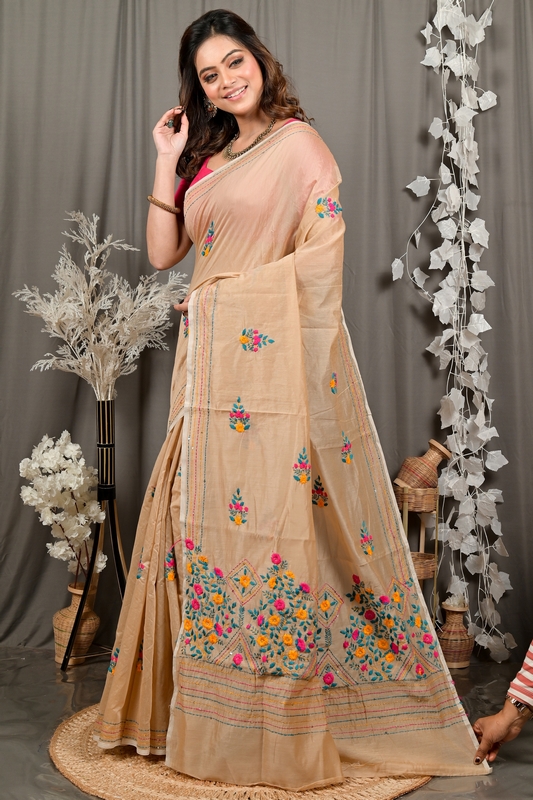 Light Brown Cotton Blend Dayki Kantha Stitch Saree (1904)