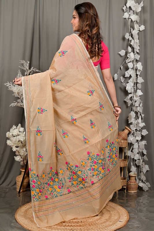 Light Brown Cotton Blend Dayki Kantha Stitch Saree (1904)
