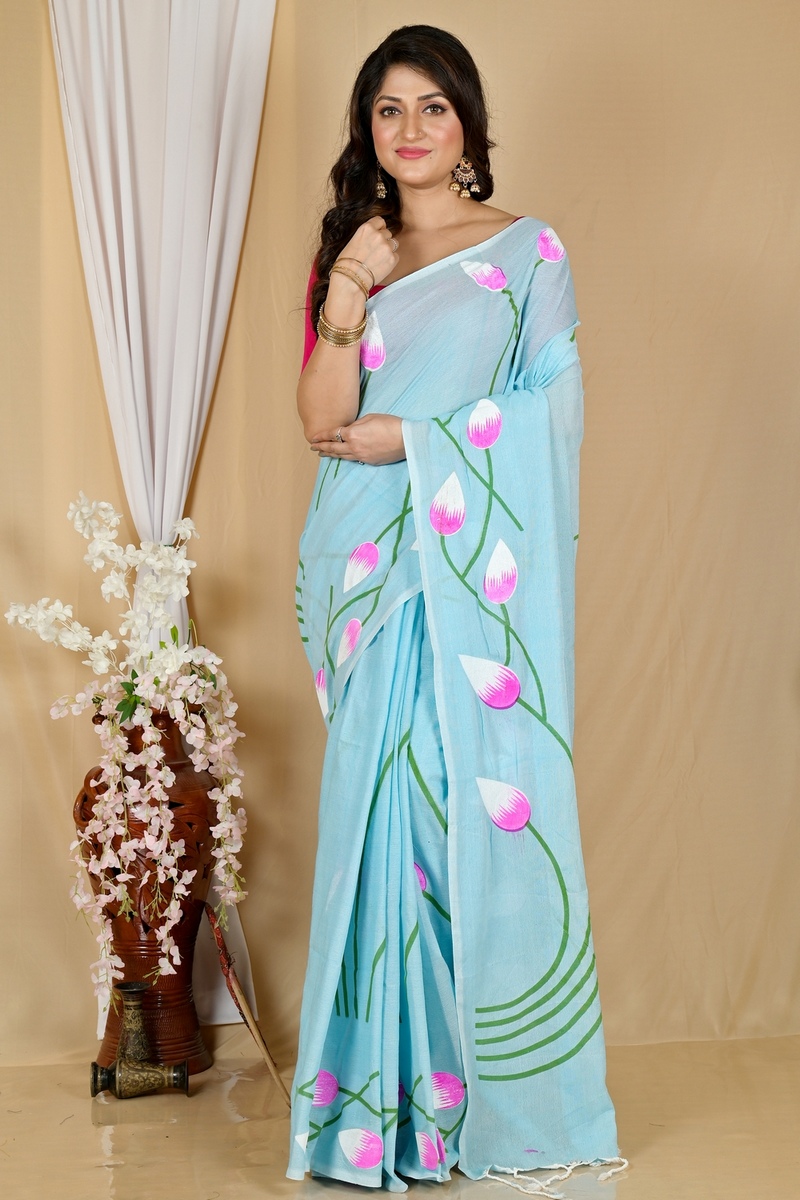 Sky Blue Pure Cotton Kamal Hand Painted Saree (1971)