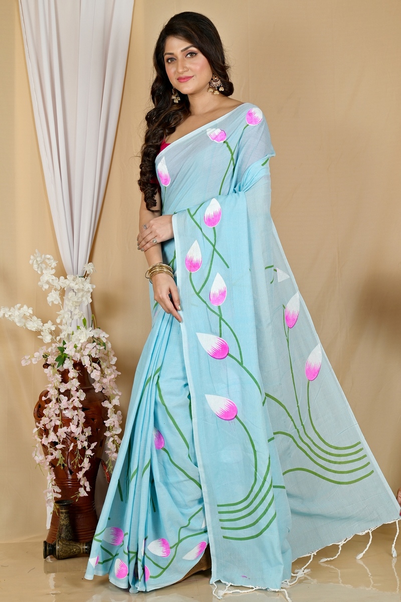 Sky Blue Pure Cotton Kamal Hand Painted Saree (1971)