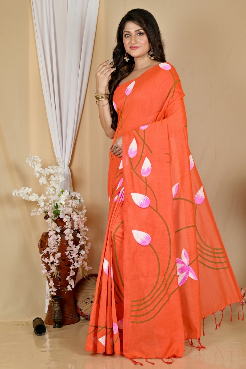 Orange Pure Cotton Kamal Hand Painted Saree (1974)