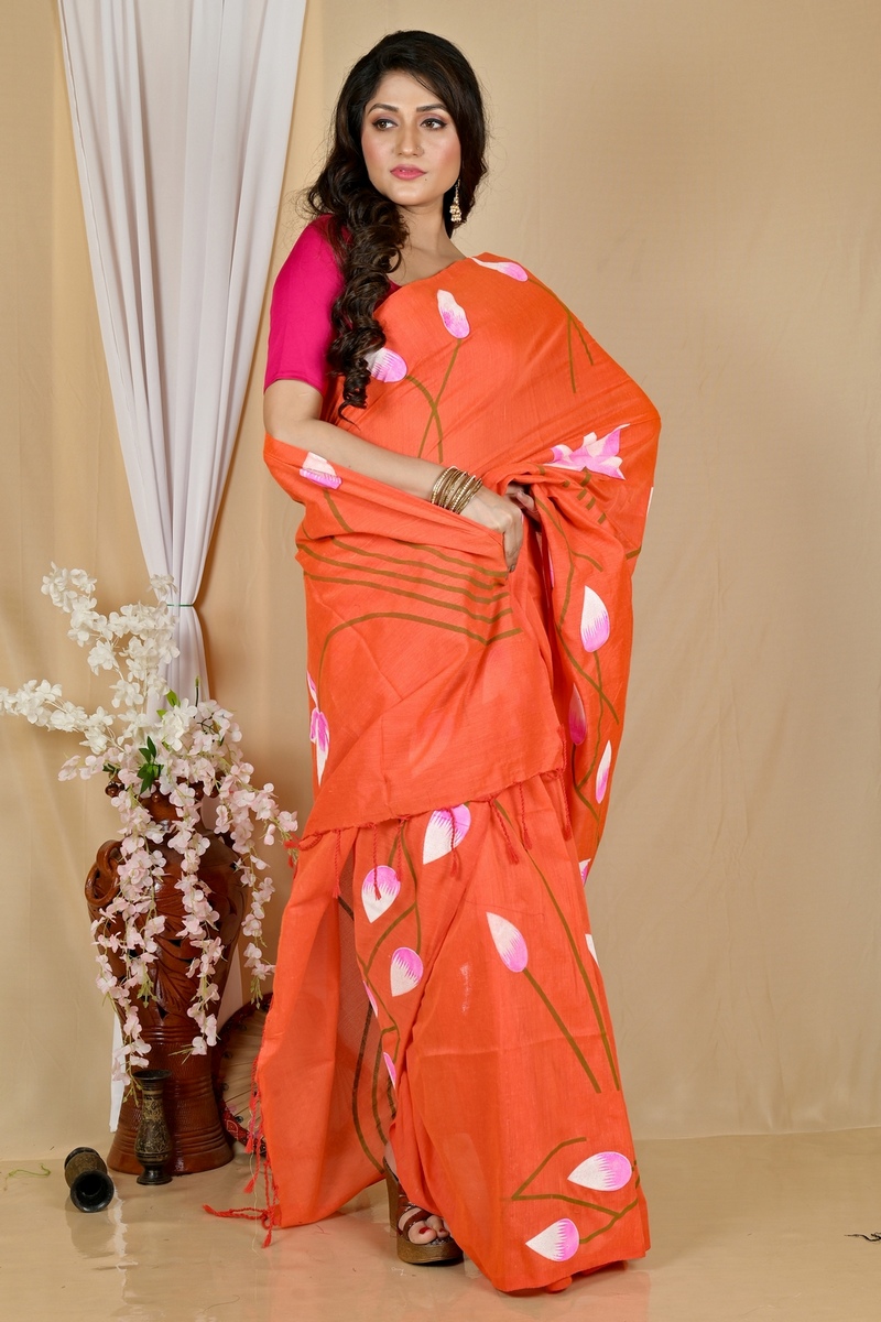 Orange Pure Cotton Kamal Hand Painted Saree (1974)