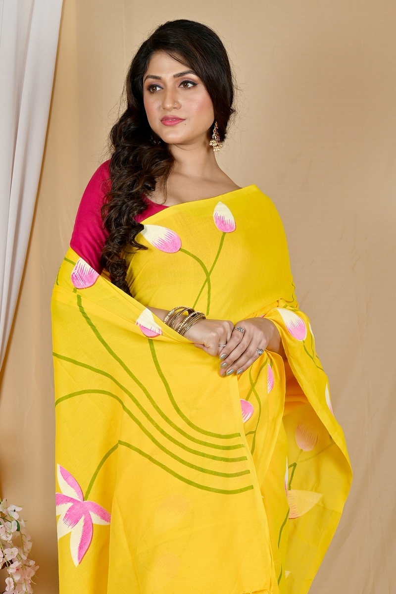 Yellow Pure Cotton Kamal Hand Painted Saree (1975)