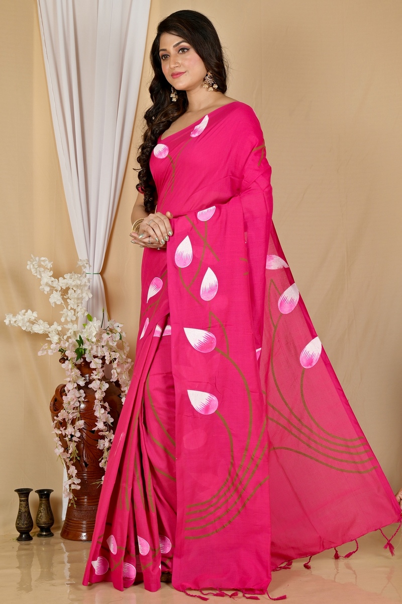 Dark Pink Pure Cotton Kamal Hand Painted Saree (1978)