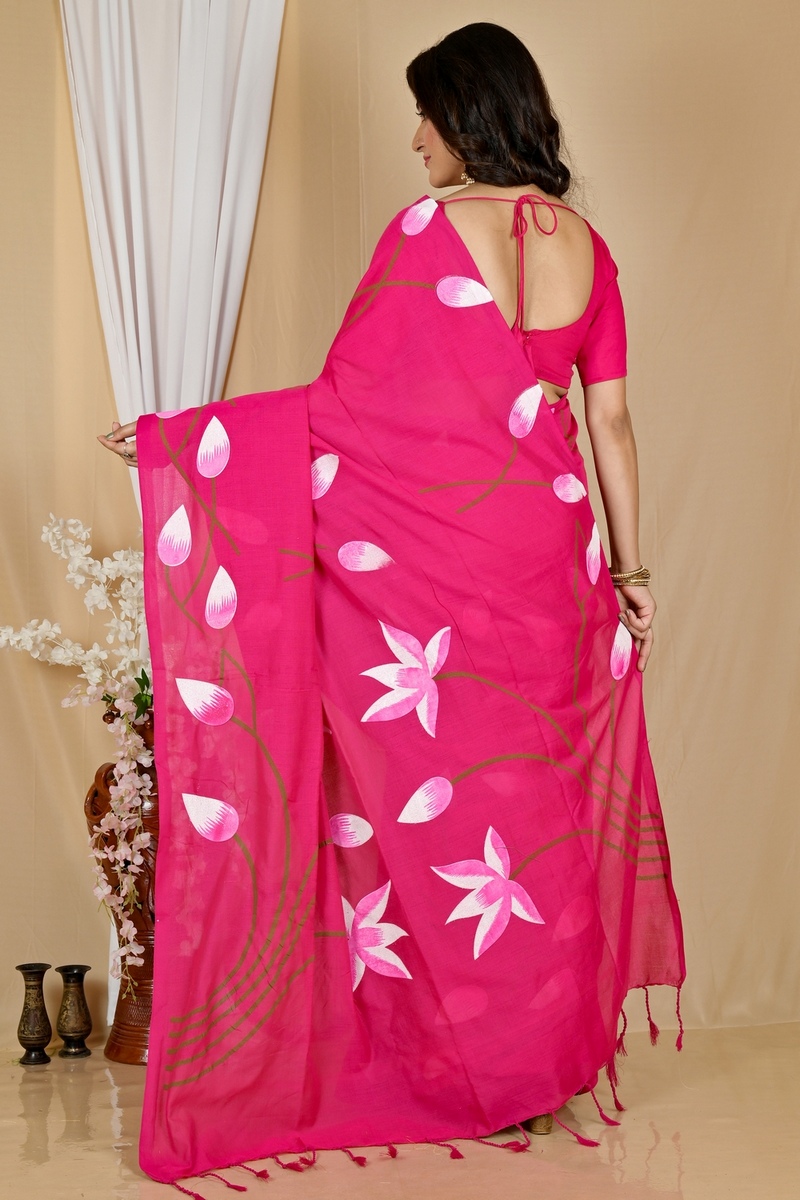Dark Pink Pure Cotton Kamal Hand Painted Saree (1978)