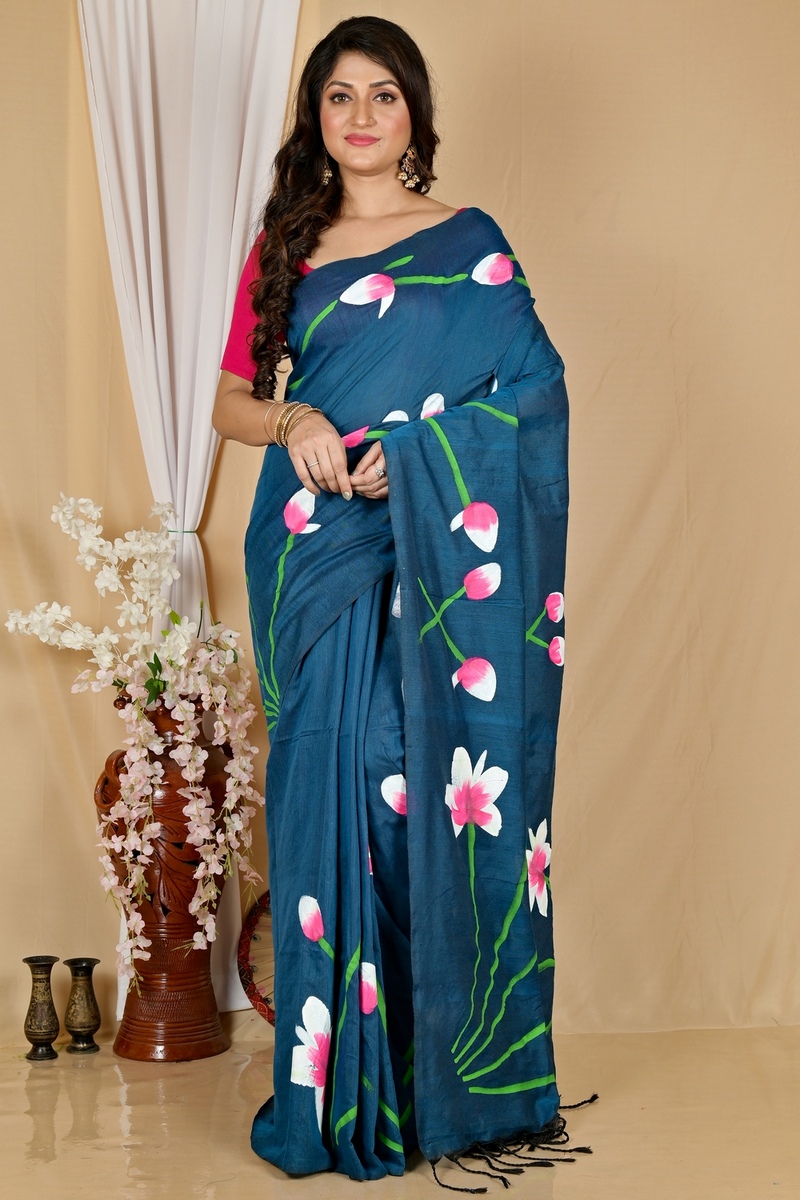 Royal Blue Pure Cotton Kamal Hand Painted Saree (1980)