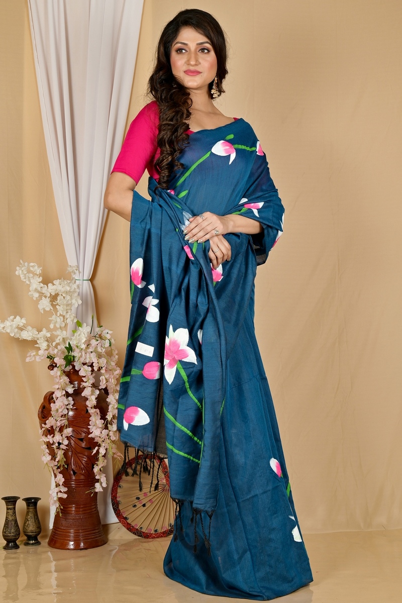 Royal Blue Pure Cotton Kamal Hand Painted Saree (1980)