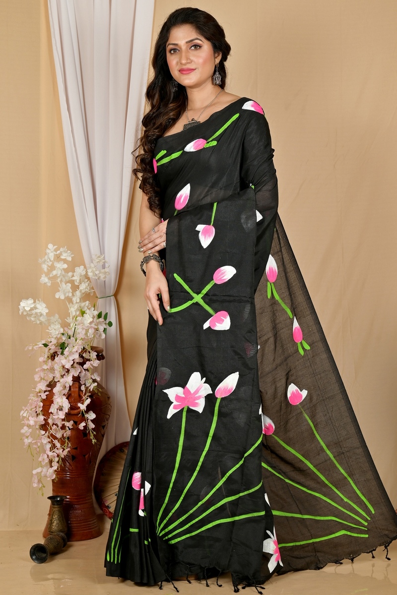 Black Pure Cotton Kamal Hand Painted Saree (1981)