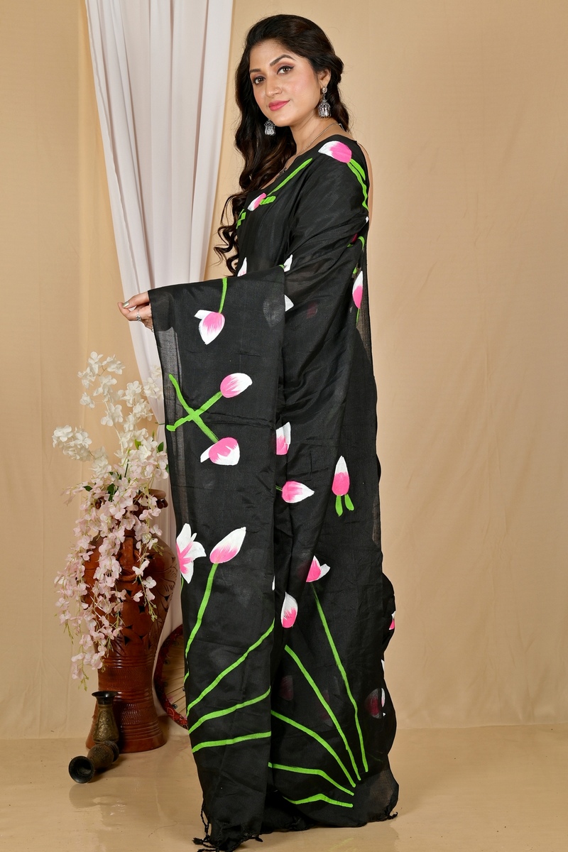 Black Pure Cotton Kamal Hand Painted Saree (1981)