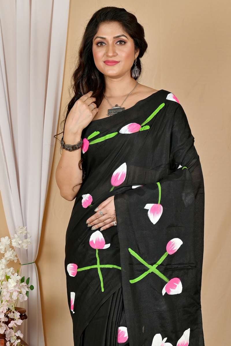 Black Pure Cotton Kamal Hand Painted Saree (1981)
