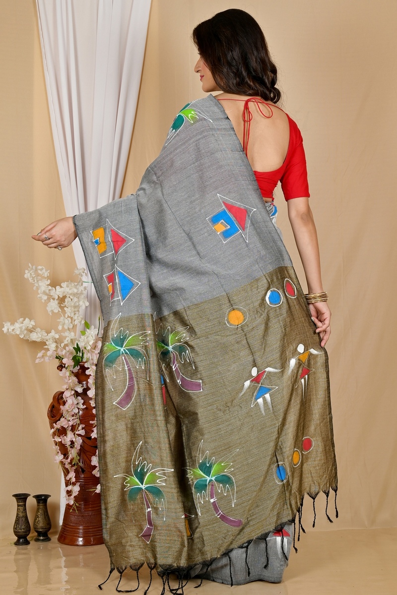 Grey Pure Cotton Keshaka Hand Painted Saree (1982)